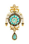 An 18 Karat Yellow Gold Opal Diamond and Enamel PendantBrooch La Triomphe