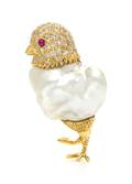 An 18 Karat Yellow Gold Baroque Pearl Diamond and Ruby Bird Brooch Seaman Schepps