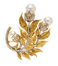 An 18 Karat Yellow Gold Cultured Pearl and Diamond Brooch Baloughs