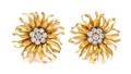 A Pair of Yellow Gold and Diamond Flower Motif Earclips
