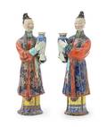 A Pair of Chinese Export Polychrome Enameled Porcelain Figures of Court Ladies