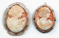 Two 14K gold filigree and cameo brooches with side profile busts of women