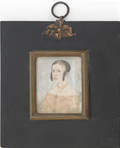 Primitive American watercolor on ivory portrait of a young woman 19th c