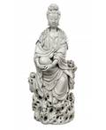 A BLANCDECHINE FIGURE OF GUANYIN ON A ROCK