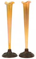 QUEZAL IRIDESCENT GLASS  BRONZE BUD VASES PAIR