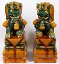 CHINESE SANCAI GLAZED POTTERY FU DOGS ON STANDS