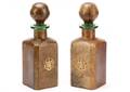 Pair Wrapped Leather Decanters w English Shield
