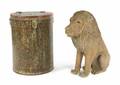 PAINTED CIRCULAR NIGHTSTAND AND CARVED LION