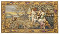 Painted tapestry with hunters in a landscape