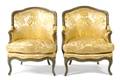 A Pair of Louis XV Green Painted Bergeres en Gondole