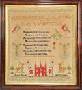 Wool on linen sampler wrought by Clara Beard