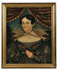 American School Early 19th Century Portrait of a Woman in a Graygreen Dress Holding a Book Under Tasseled Drapery