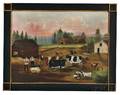 American School 19th Century Farmyard Scene with Livestock and Barn