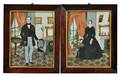 Pair of Watercolor and Gouache on Paper Portraits of a Man and Woman in Their Parlor