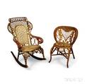 Whitney Reed Wicker Childs Chair and a Goldpainted Fancy Wicker Rocker