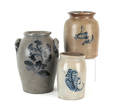 Three cobalt decorated stoneware crocks