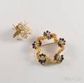 18kt Gold Diamond and Enamel Wreath Brooch and 14kt Gold Diamond and Pearl Bee Tie Tack