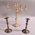 Silverplated Convertible Fivelight Candelabra and a Pair of Silverplated Candlesticks