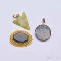 14kt Gold and Green Hardstone Brooch and Two Pendants