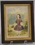 Framed Watercolor of a Girl Picking Flowers