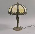 Metal Overlay and Slag Glass Table Lamp