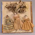 Three Small Papiermache Dolls and a Hair Bouquet
