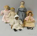 Four Painted Oilcloth Rag Dolls and a Painted Cloth Doll