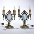 Pair of Wedgwood Light Blue Jaspermounted Twolight Brass Table Sconces