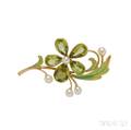 Art Nouveau 18kt Gold Peridot and Freshwater Pearl Flower Brooch