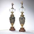 Pair of Baroquestyle Bronze and Glass Lamps