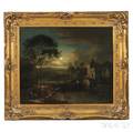 John Berney Crome British 17941842 Moonlight Landscape with Stone Bridge and Houses