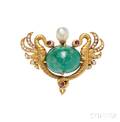 Art Nouveau 18kt Gold Emerald and Diamond PendantBrooch