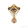 Gold Garnet Chrysolite and Amethyst Brooch