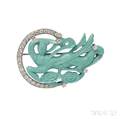 Platinum Carved Turquoise and Diamond Brooch