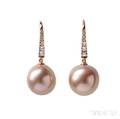 14kt Rose Gold Pink Freshwater Pearl and Diamond Earrings