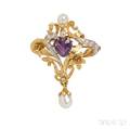 14kt Gold Amethyst and Diamond PendantBrooch