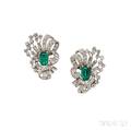Platinum Emerald and Diamond Earclips