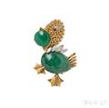 Whimsical 18kt Gold Emerald and Diamond Duck PendantBrooch