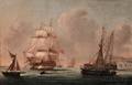 School of Thomas Whitcombe British 17631824 War Ship at Port Possibly Southampton