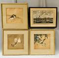 Three Framed Asian Colored Bird Prints and a Framed Engraving of Canton Harbor
