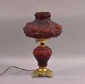 Cranberry Glass and Brass Puffy Rose Lamp