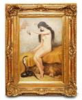 Framed Oil on Canvas of a Nude Snake Charmer
