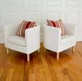 Pair of Ecru Muslinupholstered Diminutive Club Chairs with Maroon Accent Cushions