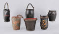 Collection of six painted leather fire buckets 19th c