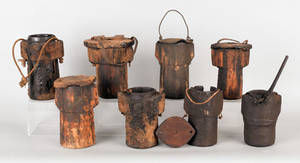 Eight wood grease or tar pots 19th c
