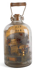 American carved wooden scene in a bottle of