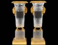 PAIR OF CUT GLASS  GILT BRONZE VASES ON STANDS