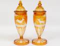 PAIR OF BOHEMIAN AMBER FLASHED CLEAR GLASS LIDDED VASES