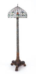 Painted composition floor lamp with leaded glass shade
