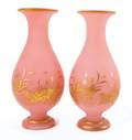 Pair of satin glass vases with gilt floral highlights